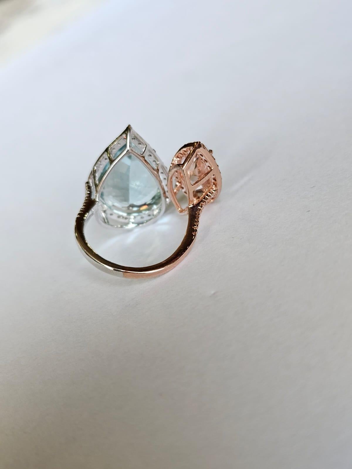 Pear Cut Set in 18K Gold, Aquamarine, Morganite & Diamonds Cocktail/ Engagement Ring For Sale
