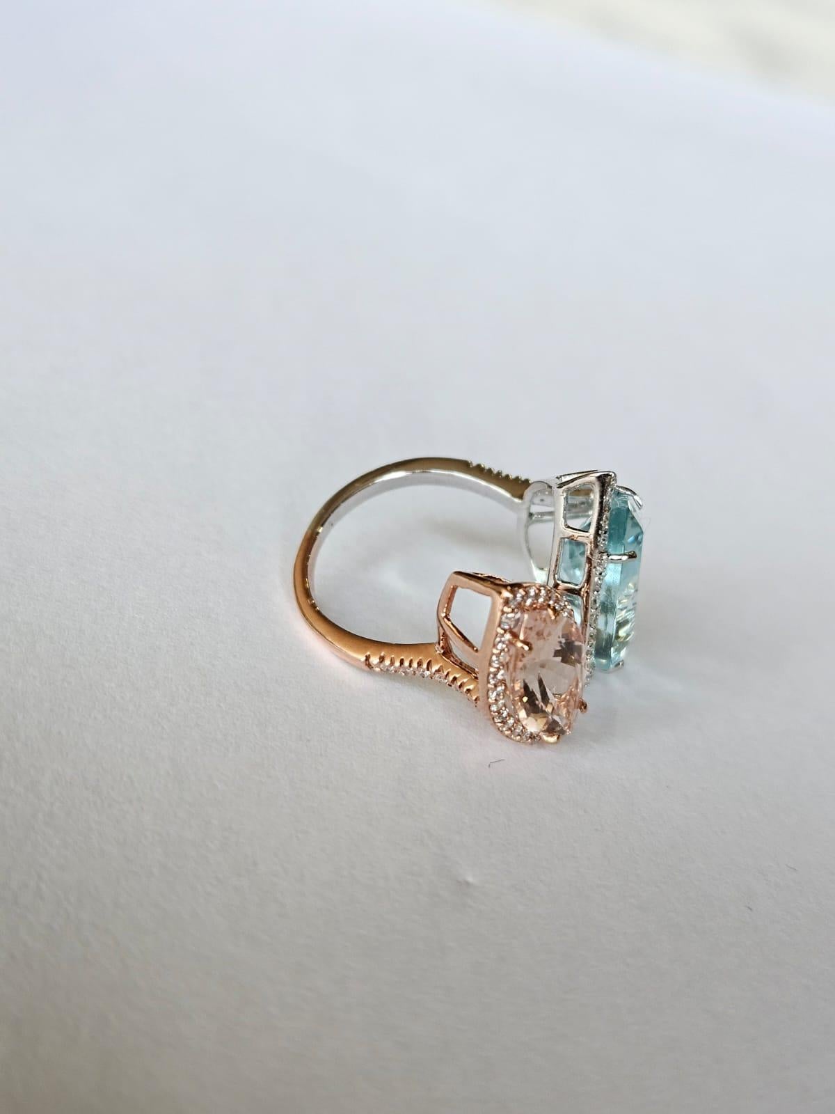 Set in 18K Gold, Aquamarine, Morganite & Diamonds Cocktail/ Engagement Ring In New Condition For Sale In Hong Kong, HK