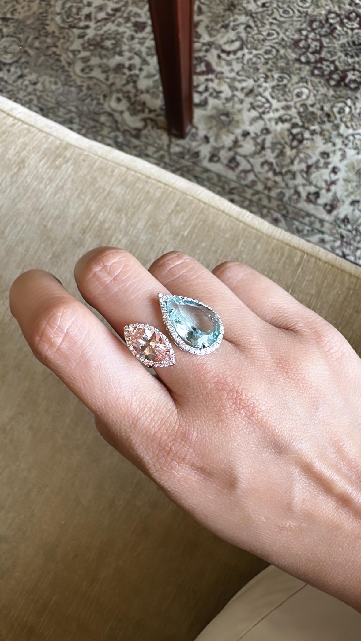 Set in 18K Gold, Aquamarine, Morganite & Diamonds Cocktail/ Engagement Ring For Sale 4