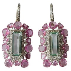 Set in 18K Gold, Aquamarine, Pink Sapphires 
Diamonds Dangle Earrings