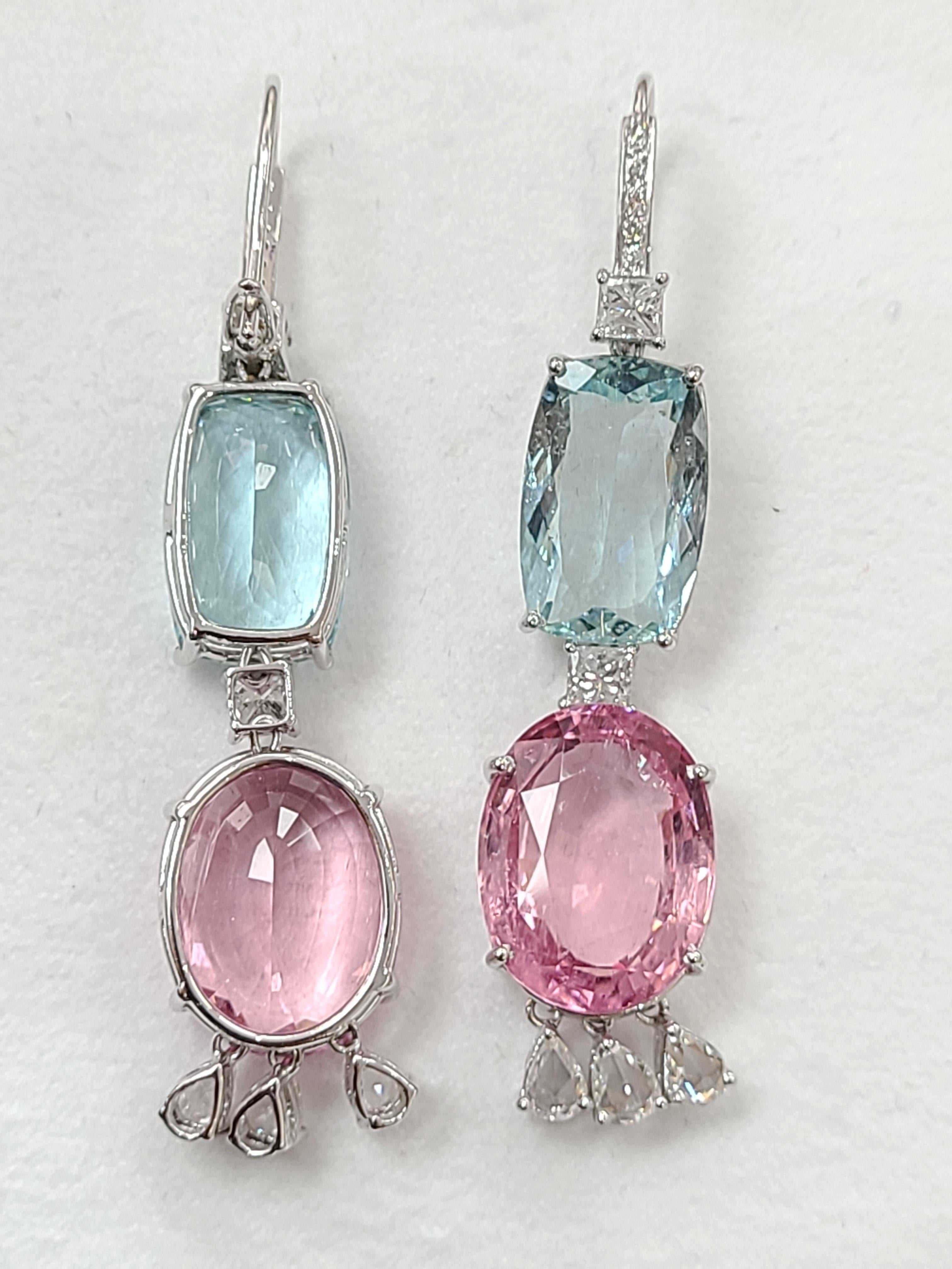 Art déco Boucles d'oreilles crochet en or 18 carats, aigue-marine, tourmaline rose et diamants taille rose en vente