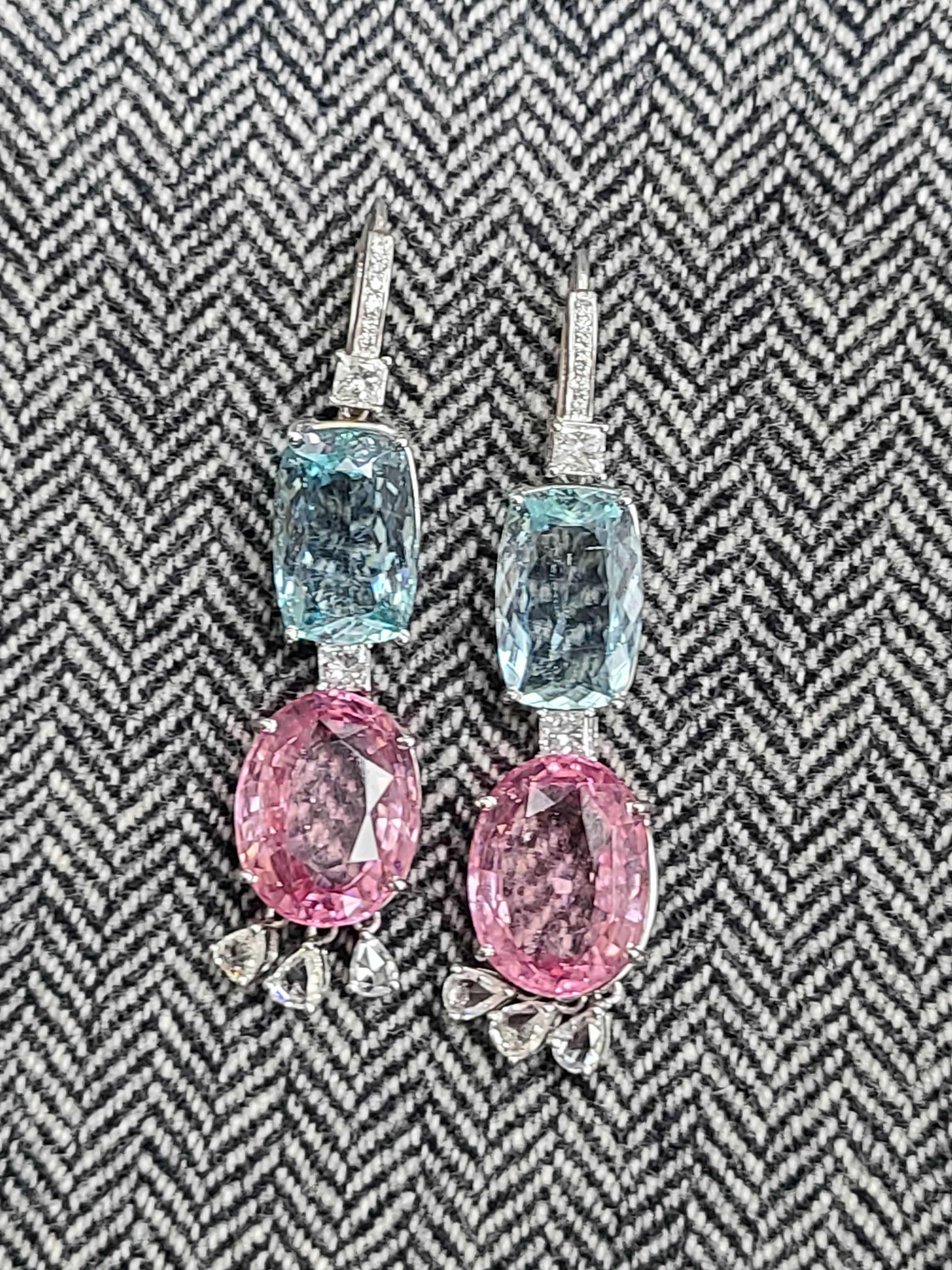 Art Deco Set in 18K Gold, Aquamarine, Pink Tourmaline and Rose Cut Diamonds Hook Earrings For Sale