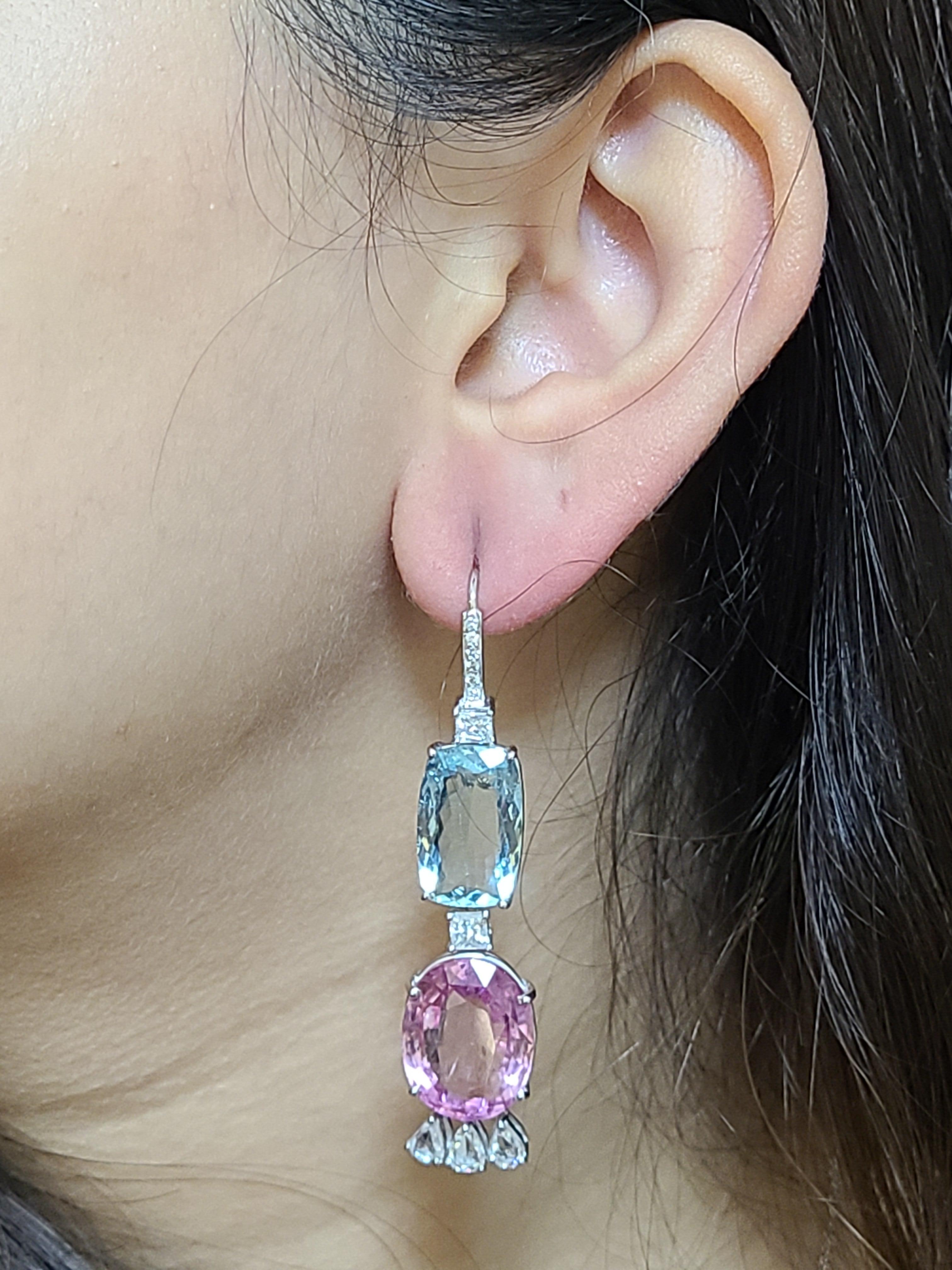Oval Cut Set in 18K Gold, Aquamarine, Pink Tourmaline and Rose Cut Diamonds Hook Earrings For Sale