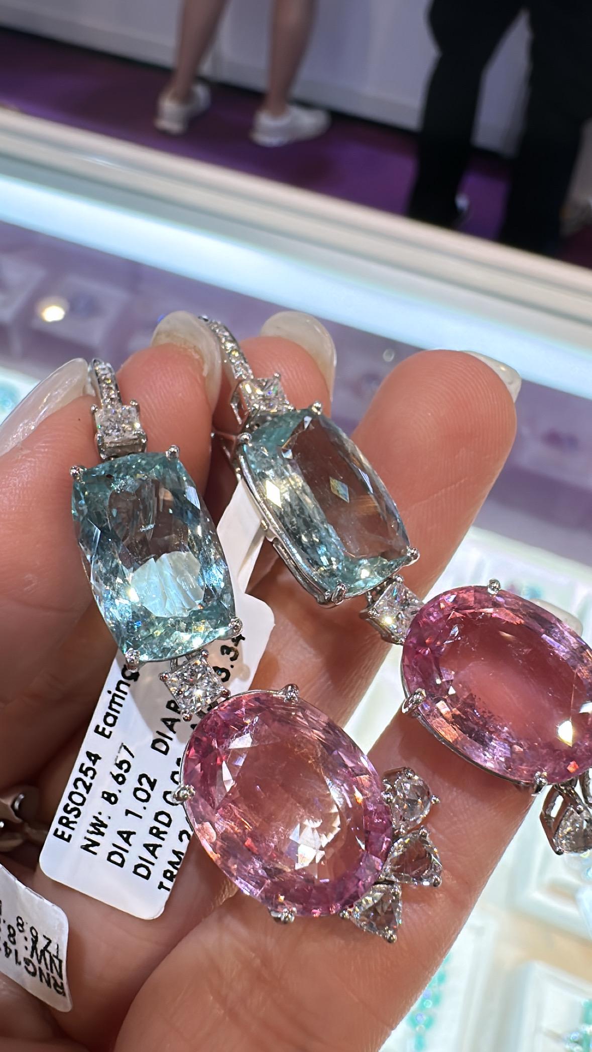 Boucles d'oreilles crochet en or 18 carats, aigue-marine, tourmaline rose et diamants taille rose en vente 1