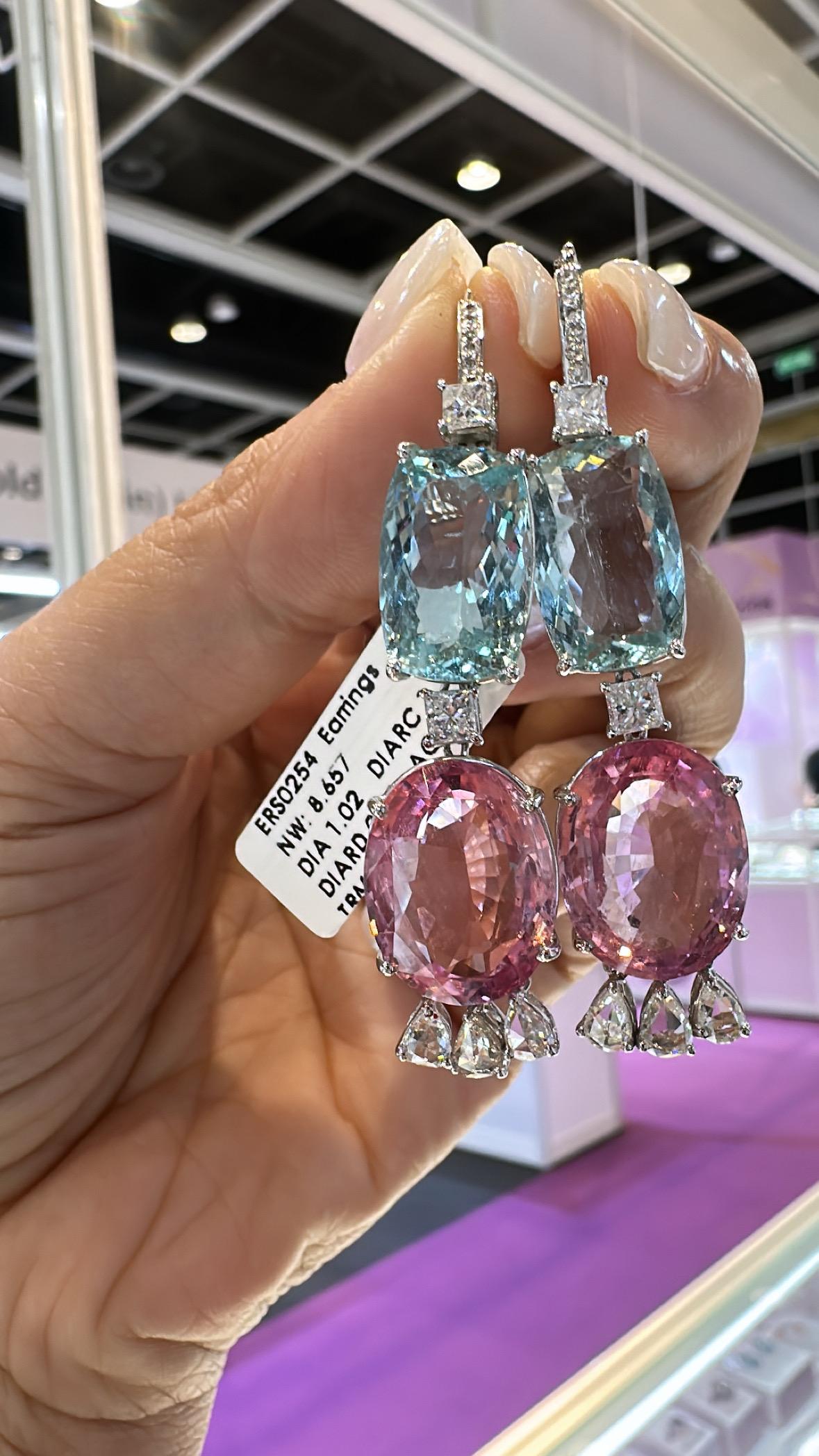 Boucles d'oreilles crochet en or 18 carats, aigue-marine, tourmaline rose et diamants taille rose en vente 2