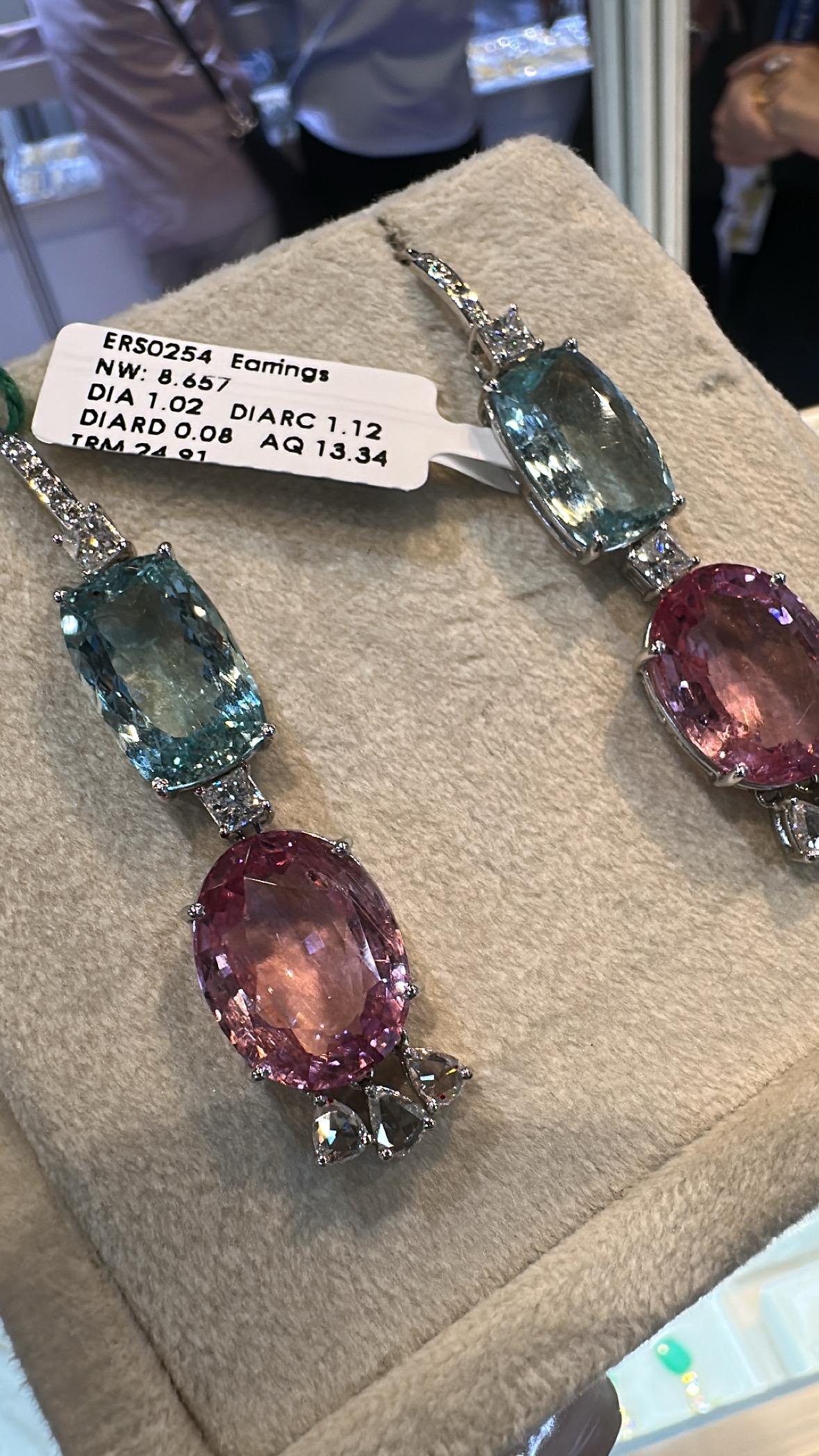 Boucles d'oreilles crochet en or 18 carats, aigue-marine, tourmaline rose et diamants taille rose en vente 3