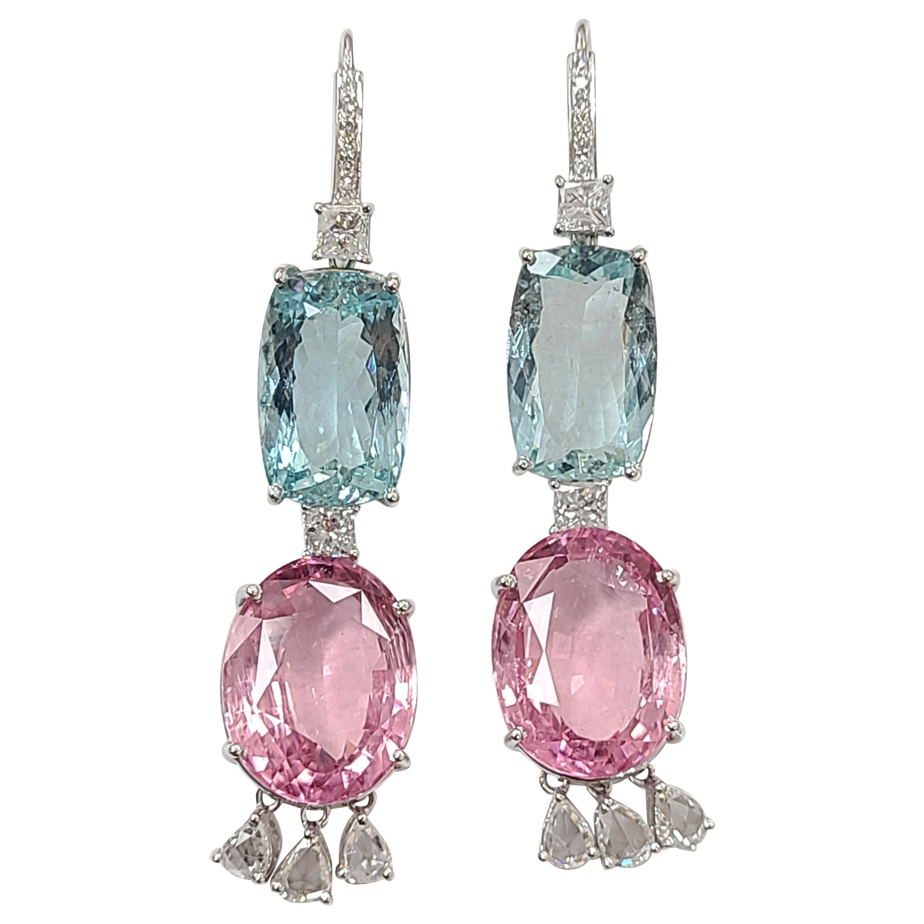 Set aus 18 Karat Gold, Aquamarin, rosa Turmalin und Diamanten im Rosenschliff Hakenohrringe