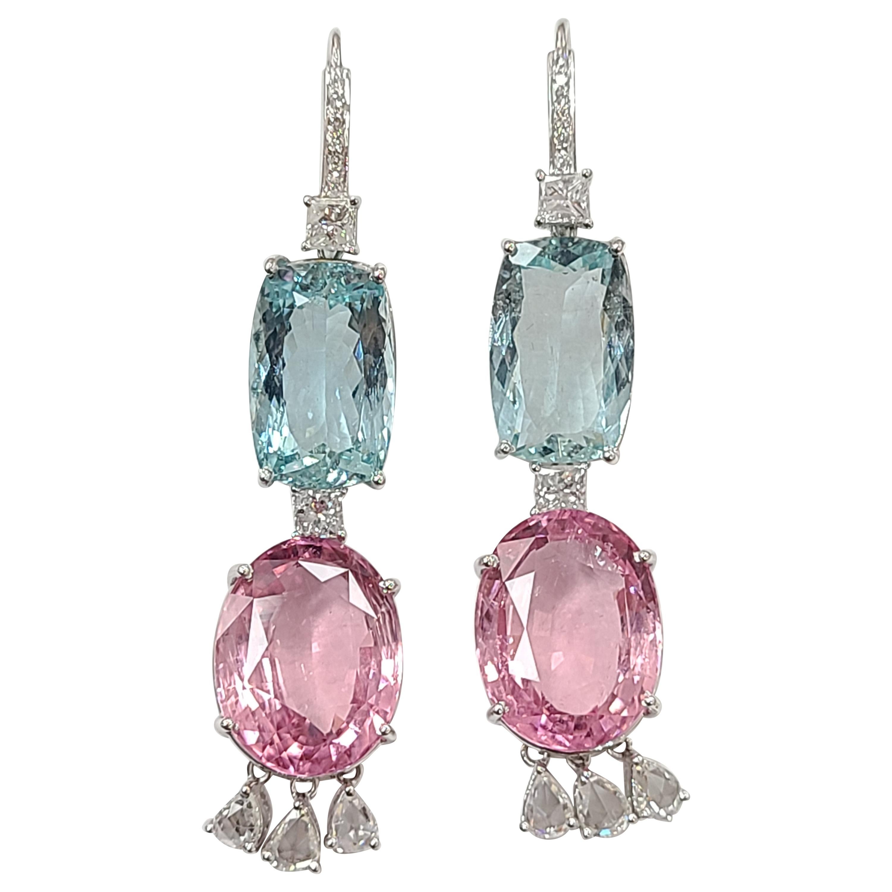 Boucles d'oreilles crochet en or 18 carats, aigue-marine, tourmaline rose et diamants taille rose