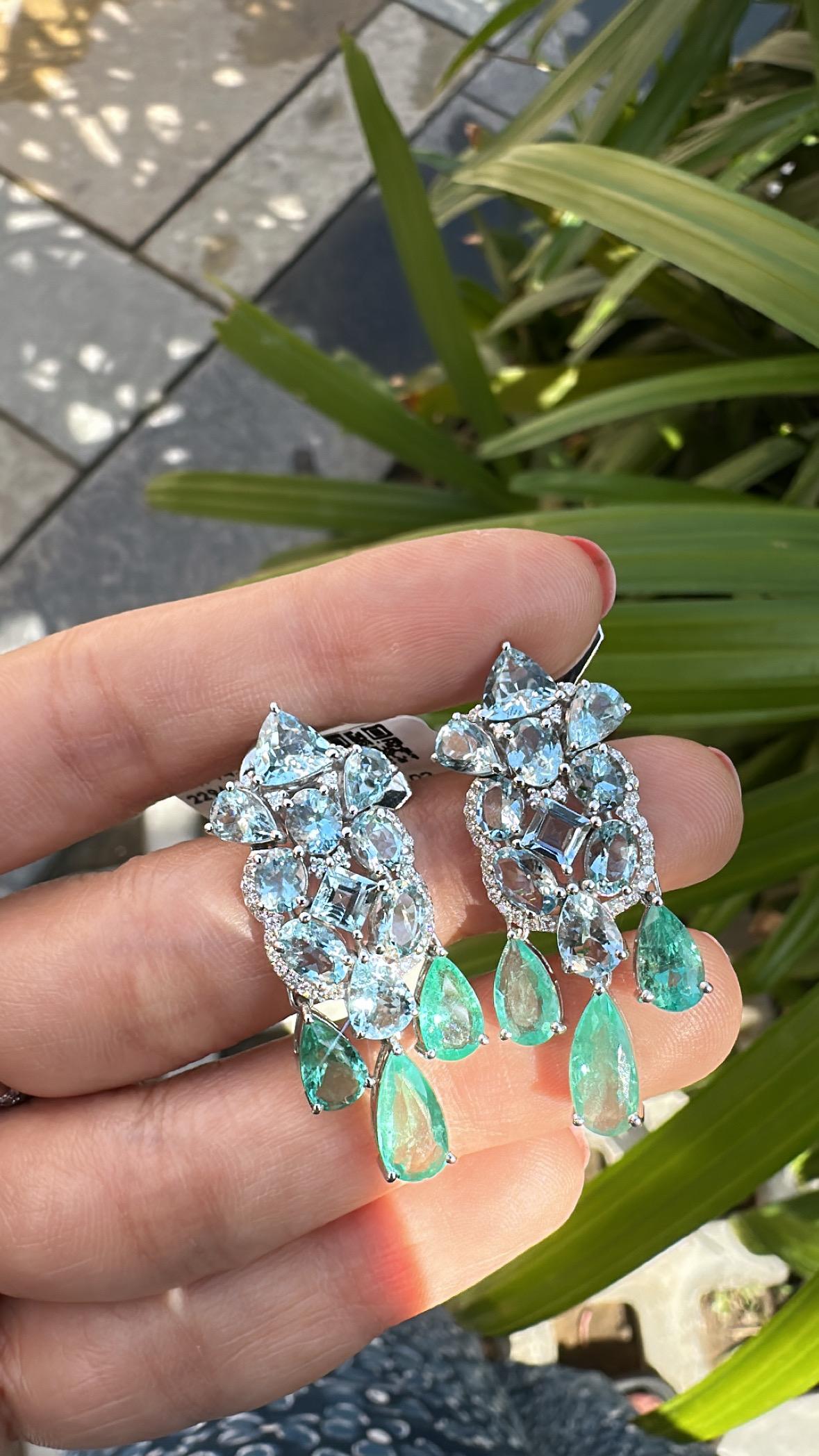 Set in 18K Gold, Aquamarines, Colombian Emeralds & Diamonds Dangle Earrings For Sale 4