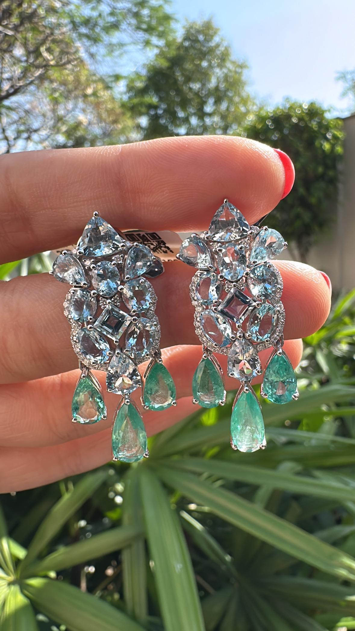 Set in 18K Gold, Aquamarines, Colombian Emeralds & Diamonds Dangle Earrings For Sale 5