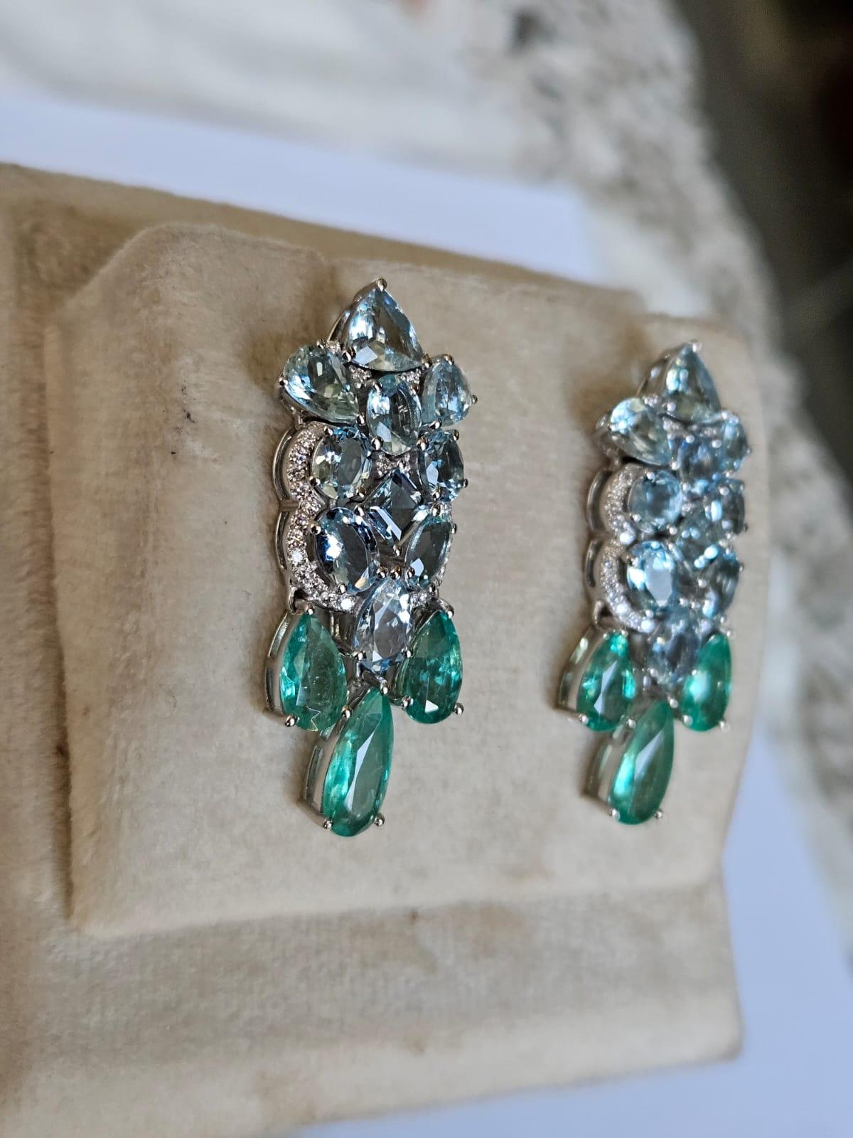 Pear Cut Set in 18K Gold, Aquamarines, Colombian Emeralds & Diamonds Dangle Earrings For Sale