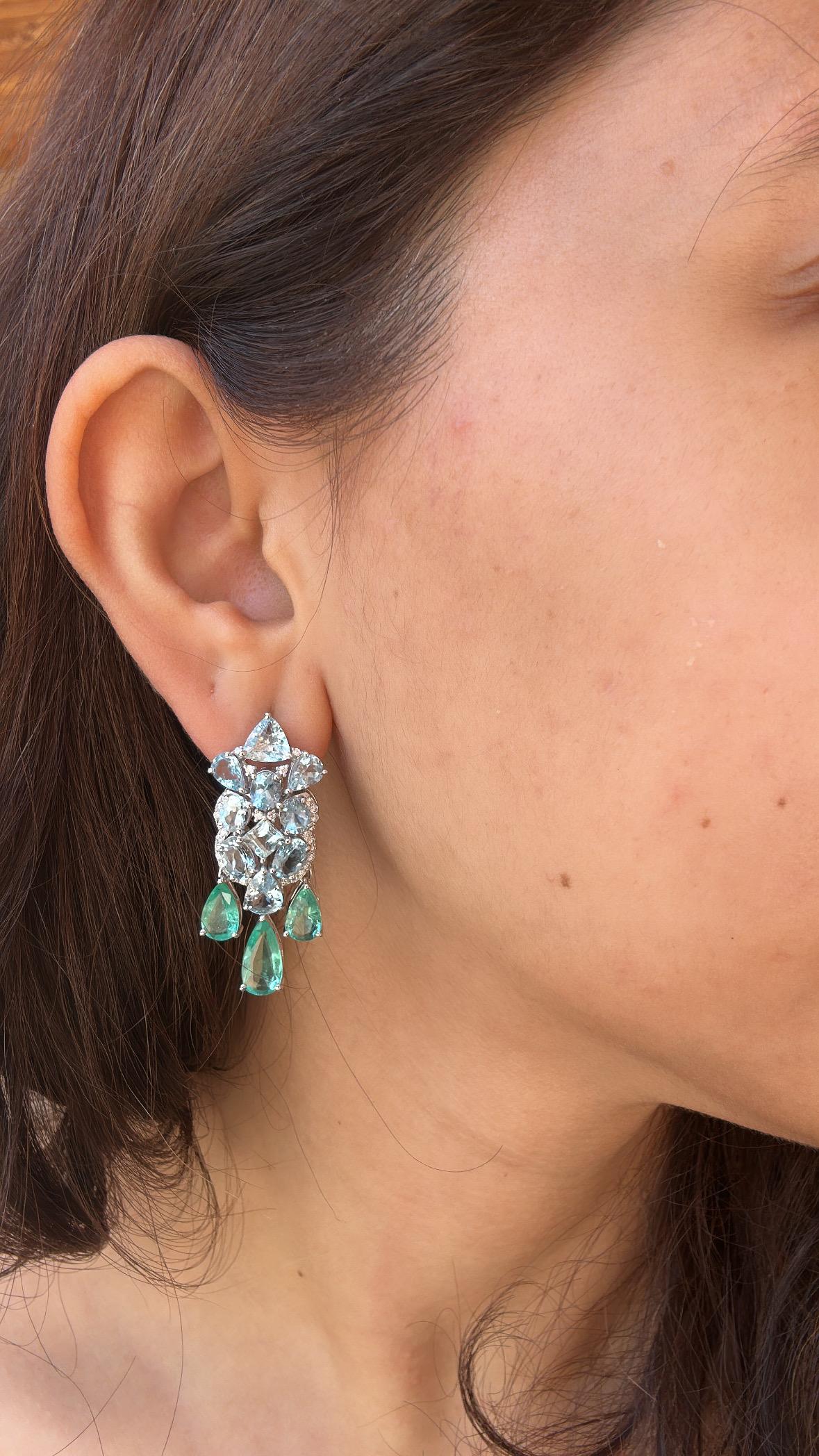 Set in 18K Gold, Aquamarines, Colombian Emeralds & Diamonds Dangle Earrings For Sale 2