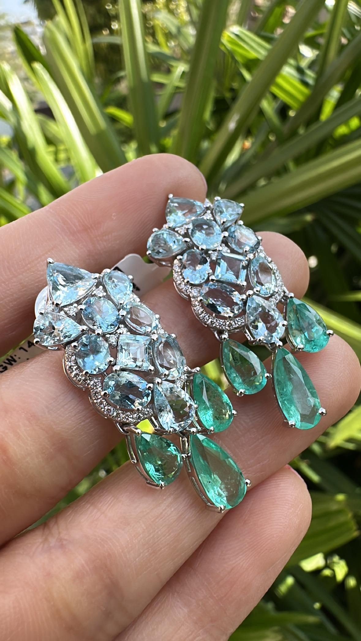 Set in 18K Gold, Aquamarines, Colombian Emeralds & Diamonds Dangle Earrings For Sale 3