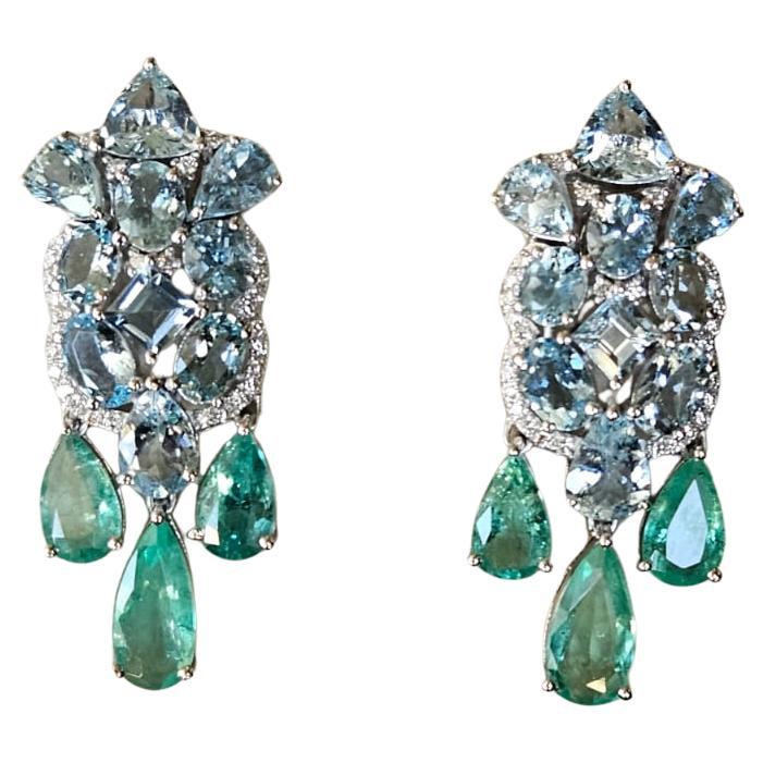 Set in 18K Gold, Aquamarines, Colombian Emeralds & Diamonds Dangle Earrings