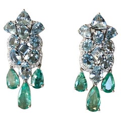 Set in 18K Gold, Aquamarines, Colombian Emeralds & Diamonds Dangle Earrings