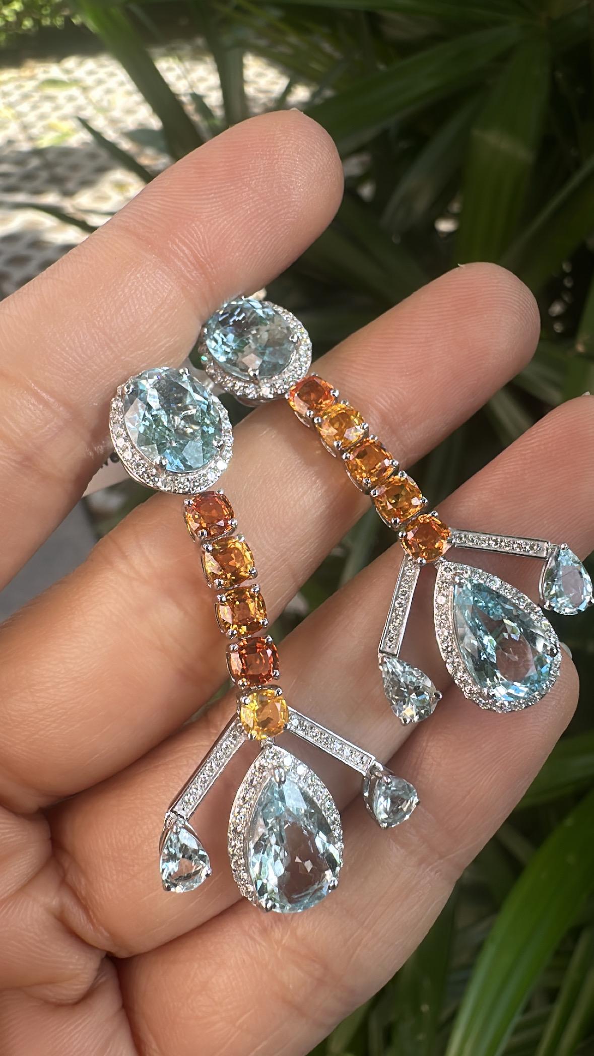 da uomo o donna Orecchini pendenti in oro 18 carati, acquamarine, zaffiri gialli e diamanti in vendita