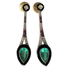 Ohrgehänge aus 18 Karat Gold, Art Deco, Smaragd, schwarzem Onyx, Rubin und Diamanten