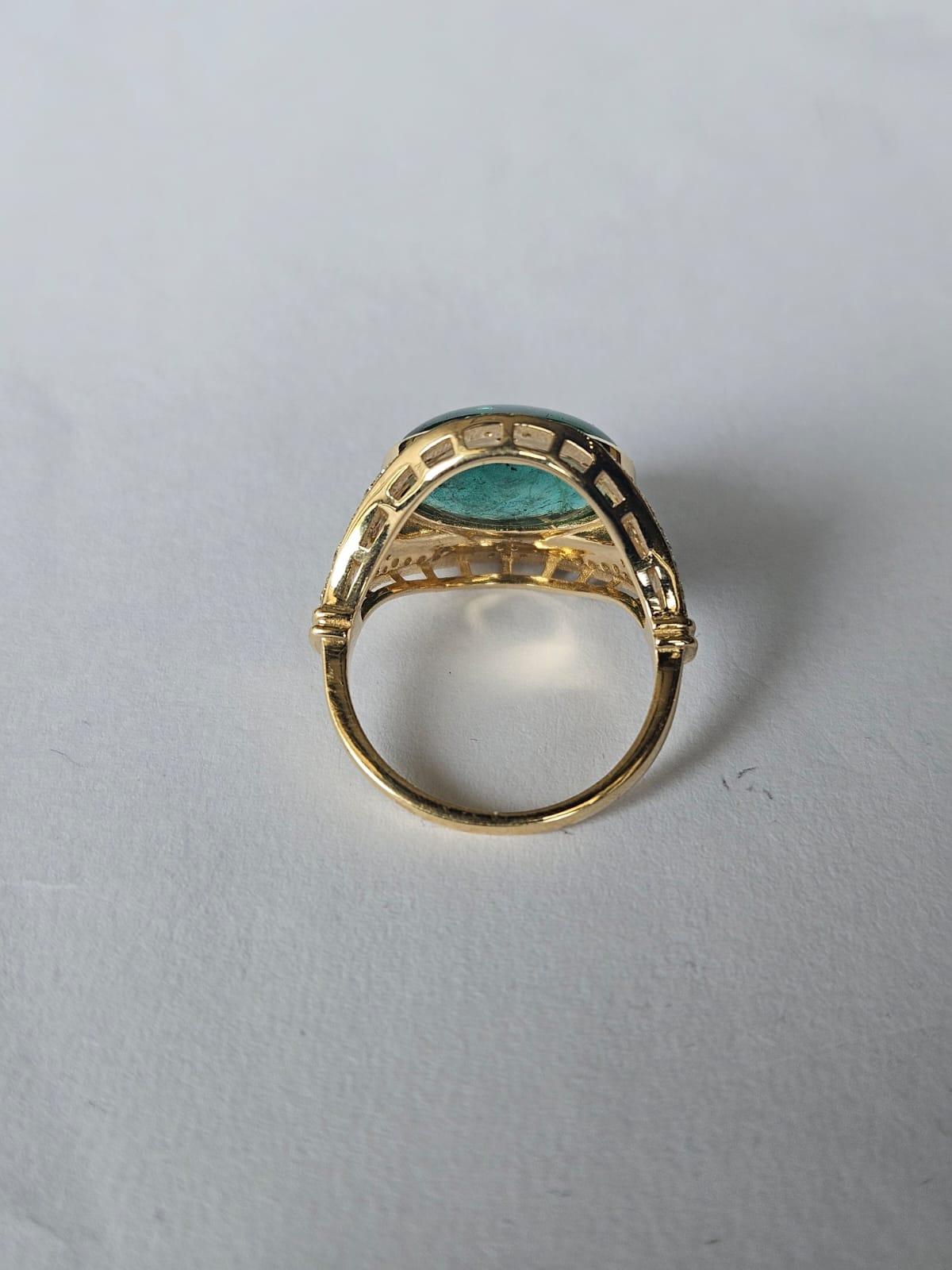 Set in 18K Gold Art Deco Emerald Cabochon, Black Enamel, Diamond Engagement Ring In New Condition In Hong Kong, HK