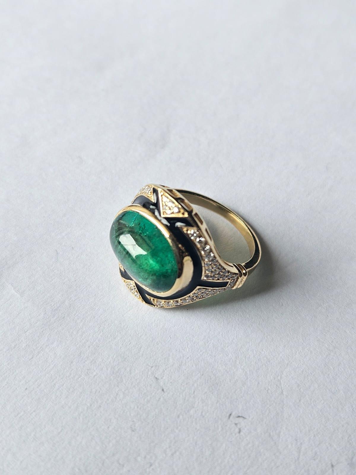 Women's or Men's Set in 18K Gold Art Deco Emerald Cabochon, Black Enamel, Diamond Engagement Ring