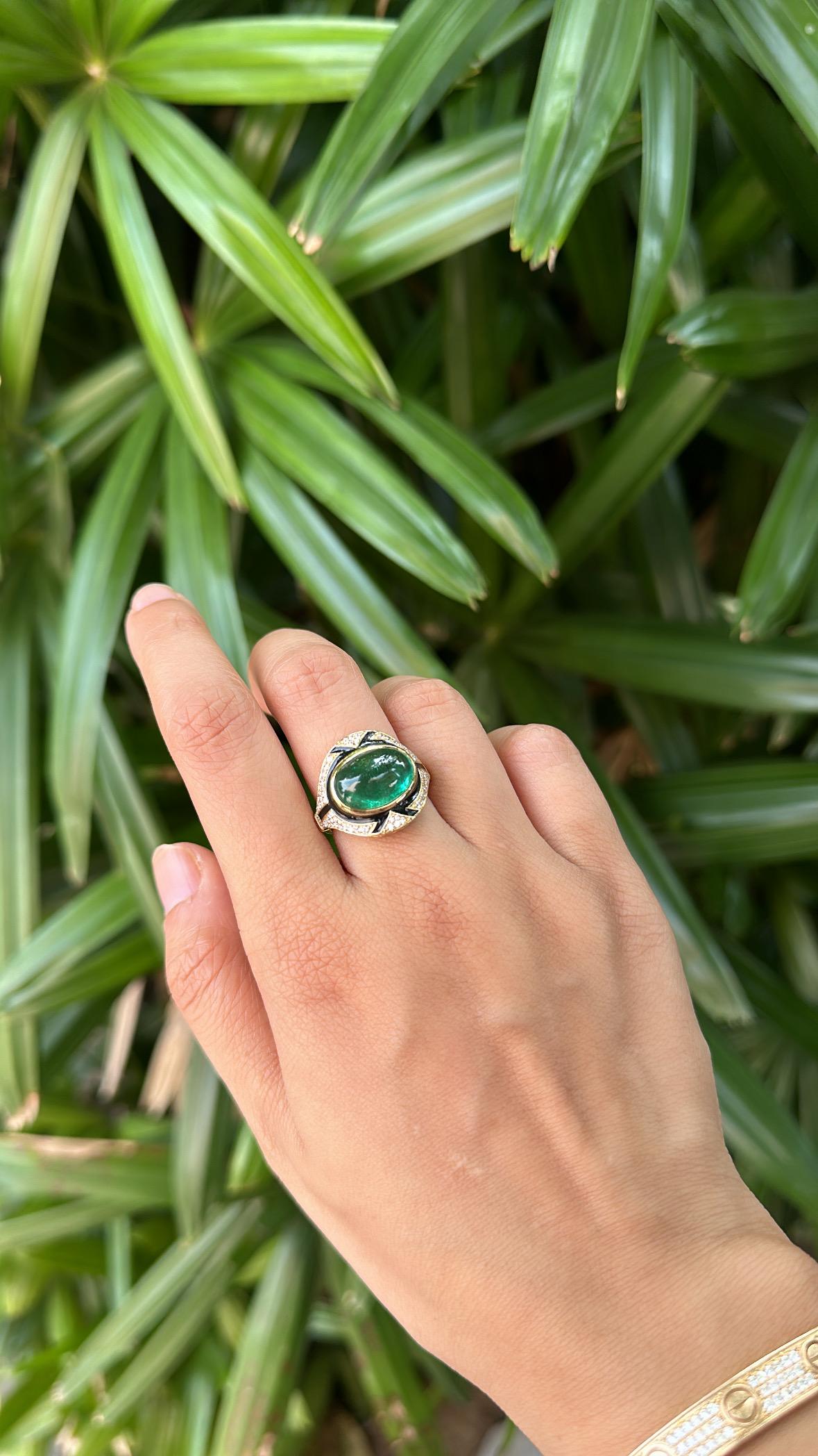 Set in 18K Gold Art Deco Emerald Cabochon, Black Enamel, Diamond Engagement Ring 2
