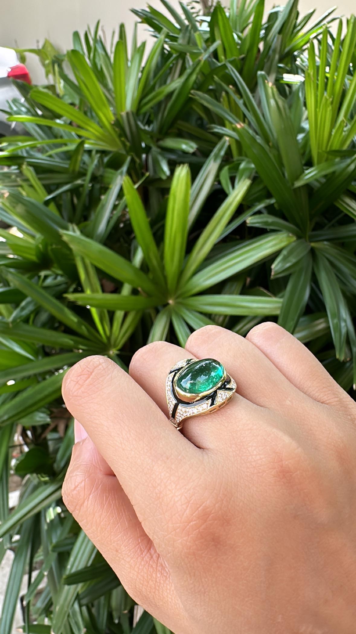 Set in 18K Gold Art Deco Emerald Cabochon, Black Enamel, Diamond Engagement Ring 3