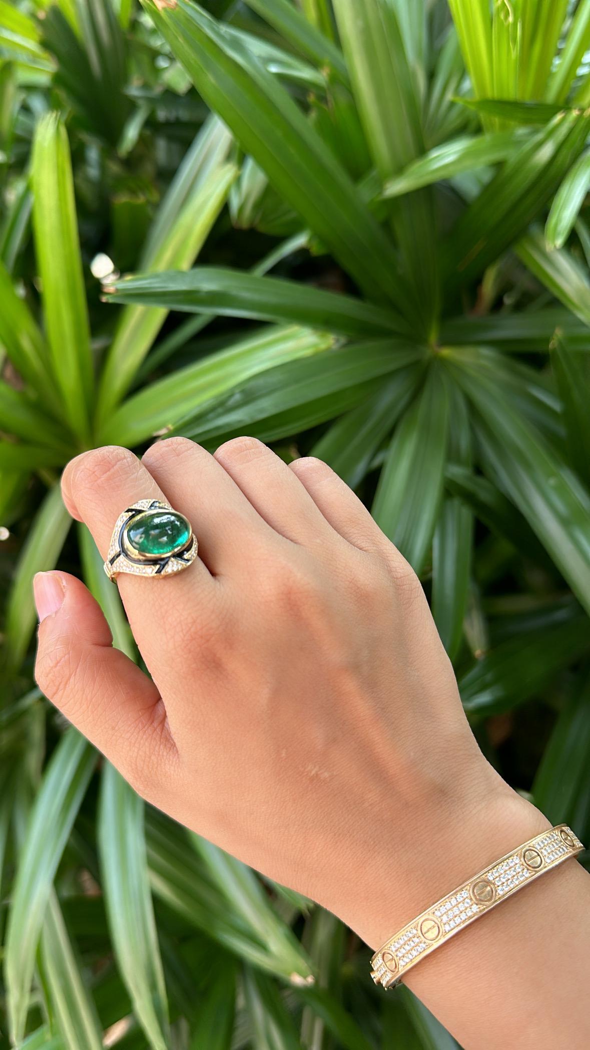 Set in 18K Gold Art Deco Emerald Cabochon, Black Enamel, Diamond Engagement Ring 4
