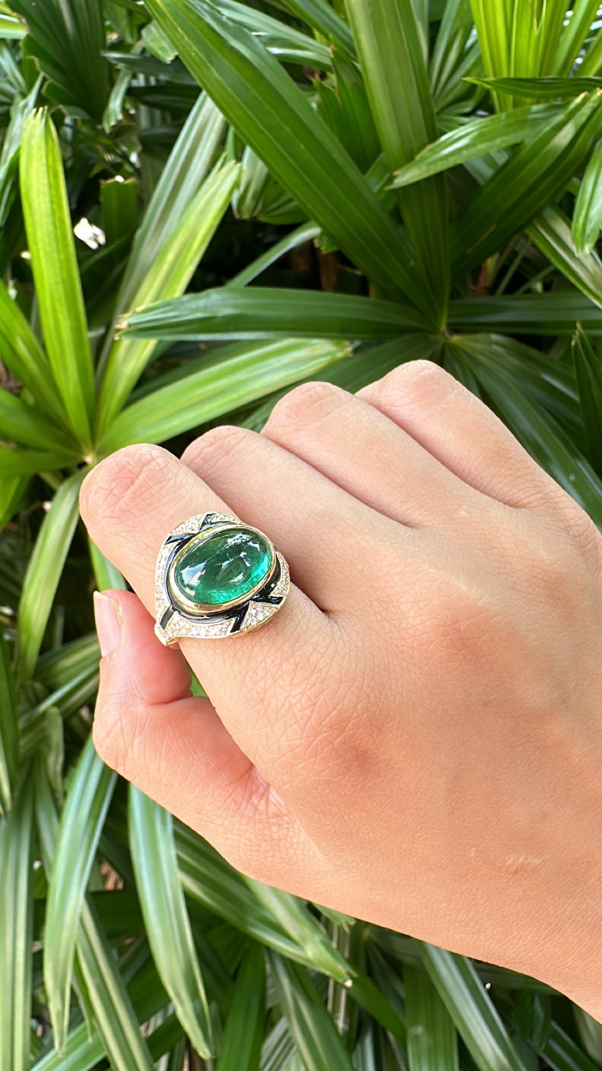 Set in 18K Gold Art Deco Emerald Cabochon, Black Enamel, Diamond Engagement Ring 5