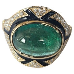 Set in 18K Gold Art Deco Emerald Cabochon, Black Enamel, Diamond Engagement Ring