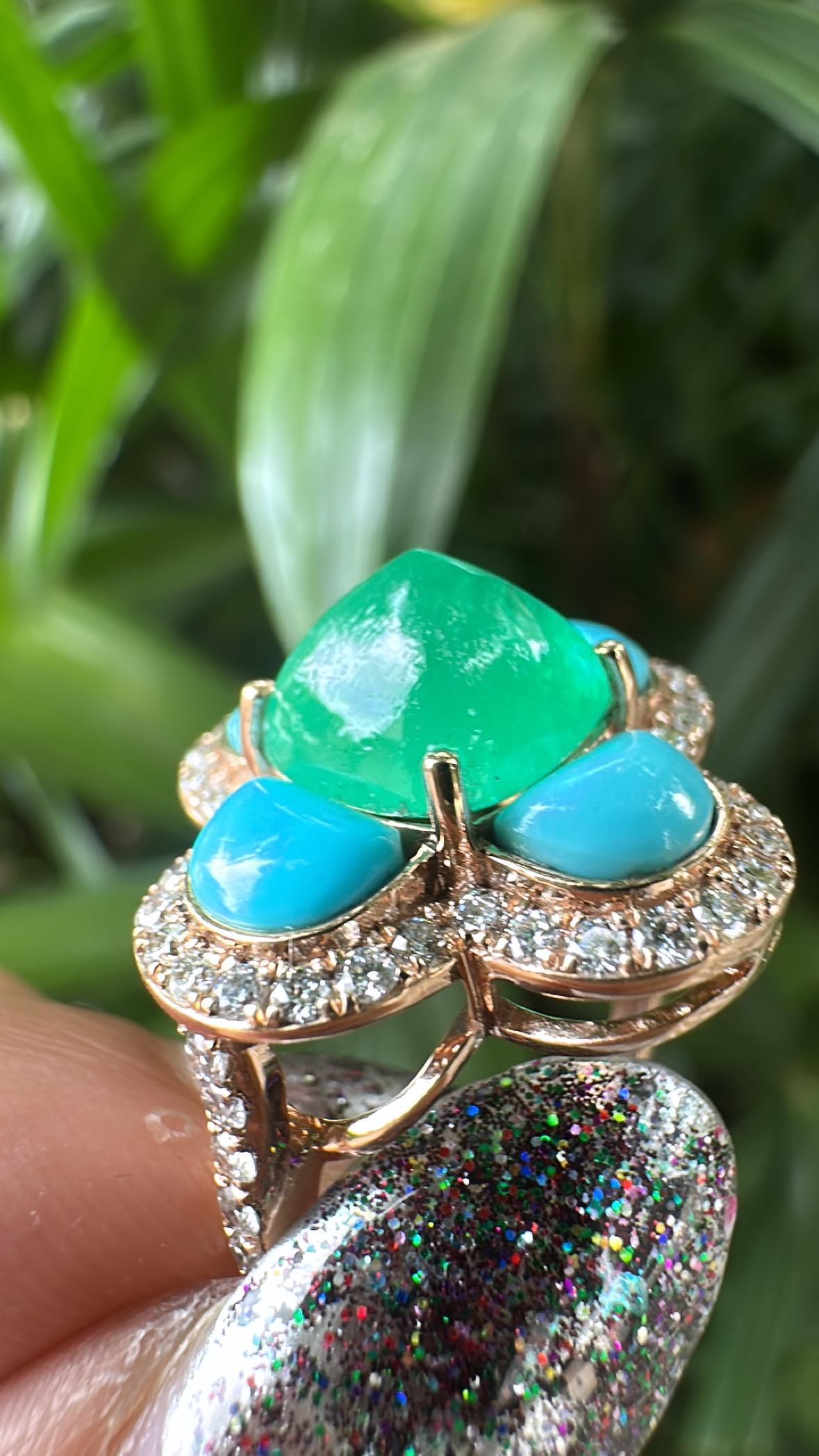 Anillo de compromiso Art Decó de oro de 18 quilates con esmeralda, turquesa y diamantes en venta 4