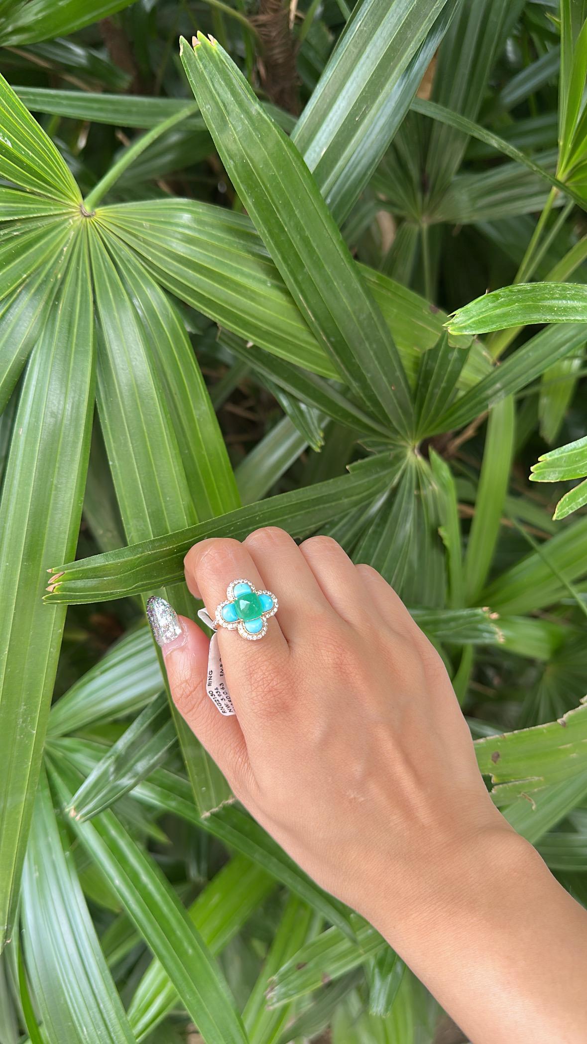 Anillo de compromiso Art Decó de oro de 18 quilates con esmeralda, turquesa y diamantes en venta 5