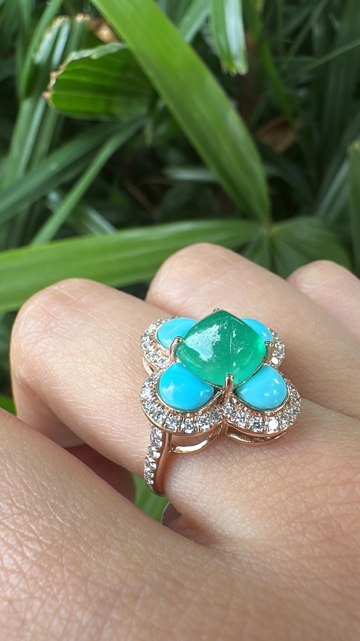 Anillo de compromiso Art Decó de oro de 18 quilates con esmeralda, turquesa y diamantes en venta 6