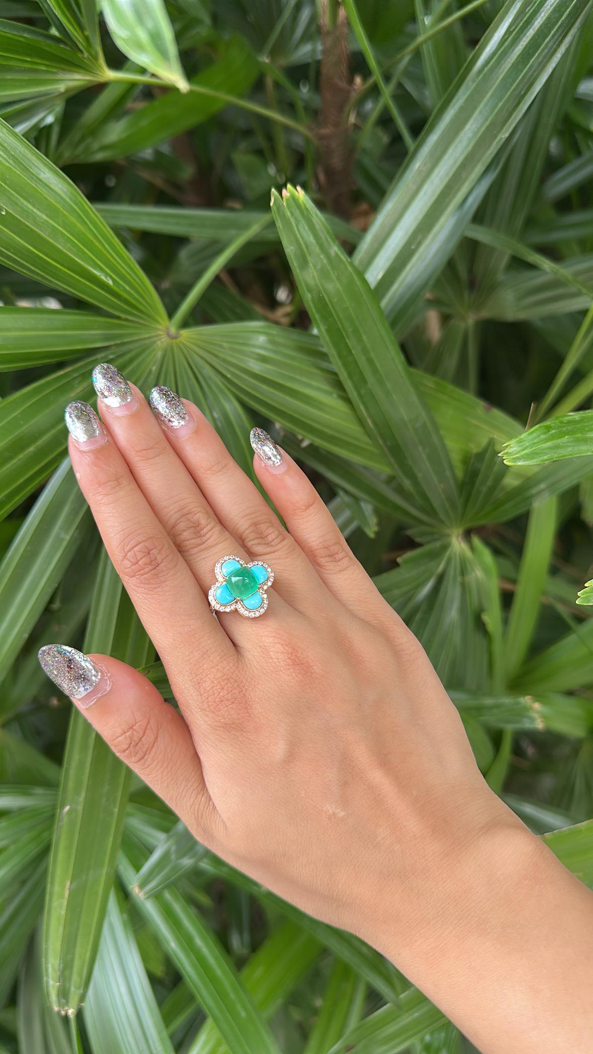 Anillo de compromiso Art Decó de oro de 18 quilates con esmeralda, turquesa y diamantes en venta 7