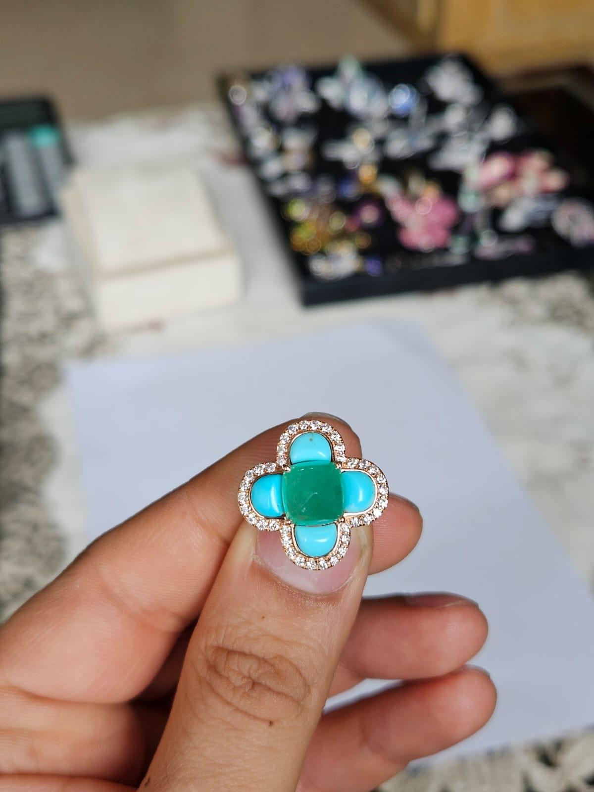 Anillo de compromiso Art Decó de oro de 18 quilates con esmeralda, turquesa y diamantes en venta 8