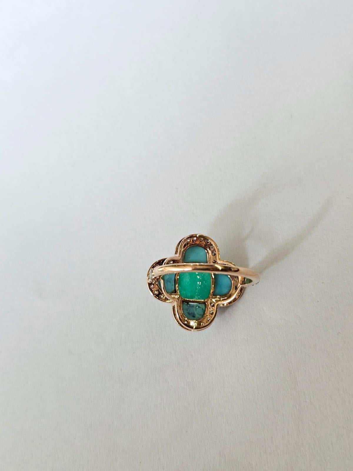 Anillo de compromiso Art Decó de oro de 18 quilates con esmeralda, turquesa y diamantes en venta 9