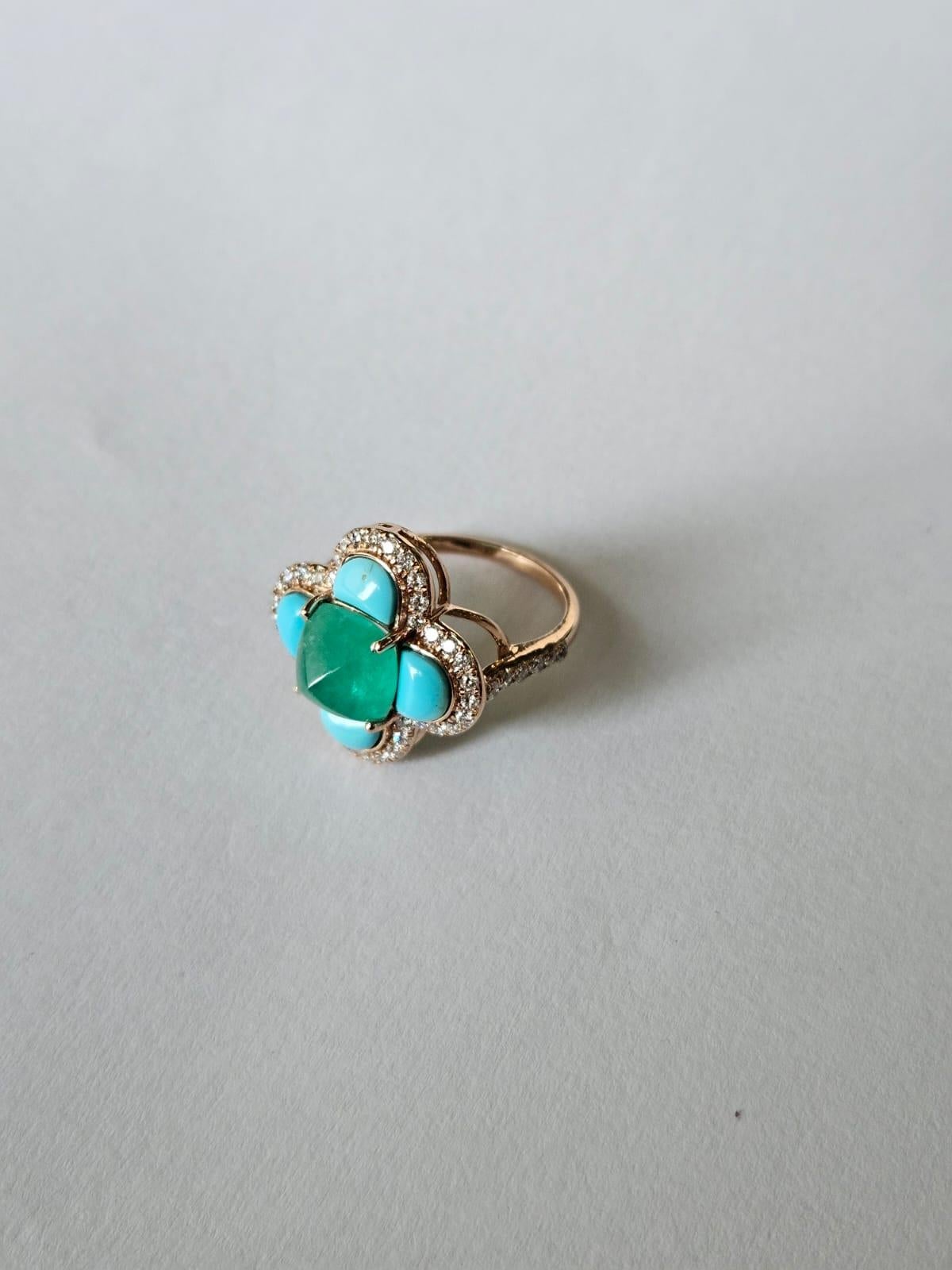 Anillo de compromiso Art Decó de oro de 18 quilates con esmeralda, turquesa y diamantes en venta 10