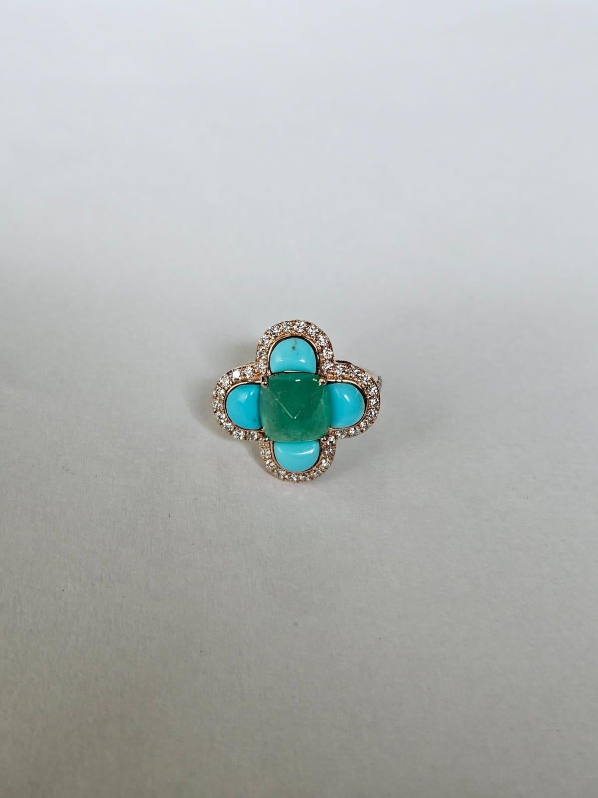 Anillo de compromiso Art Decó de oro de 18 quilates con esmeralda, turquesa y diamantes en venta 11