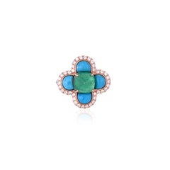 Set in 18K Gold, Art Deco Emerald Sugarloaf, Turquoise & Diamond Engagement Ring
