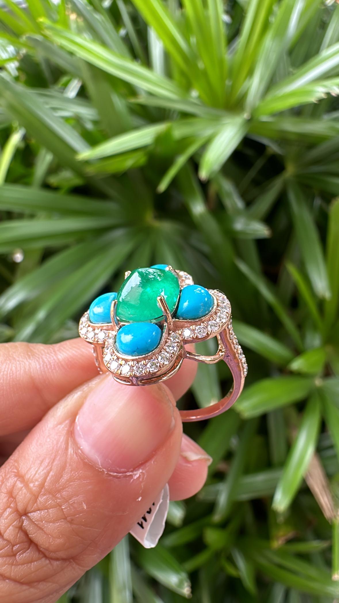 Anillo de compromiso Art Decó de oro de 18 quilates con esmeralda, turquesa y diamantes en Nuevo estado para la venta en Hong Kong, HK