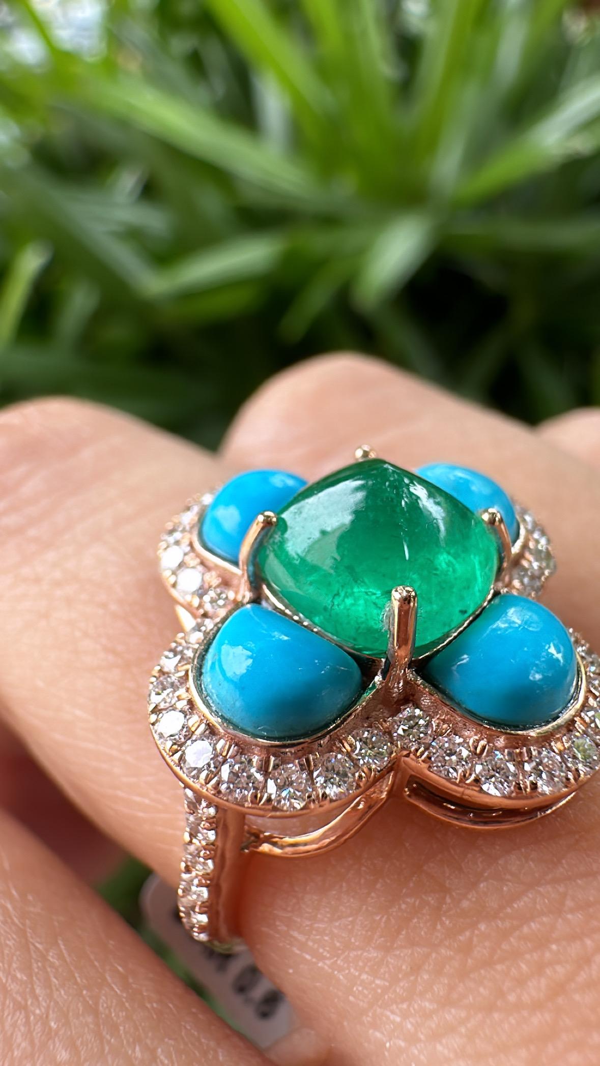 Femenino o masculino Anillo de compromiso Art Decó de oro de 18 quilates con esmeralda, turquesa y diamantes en venta