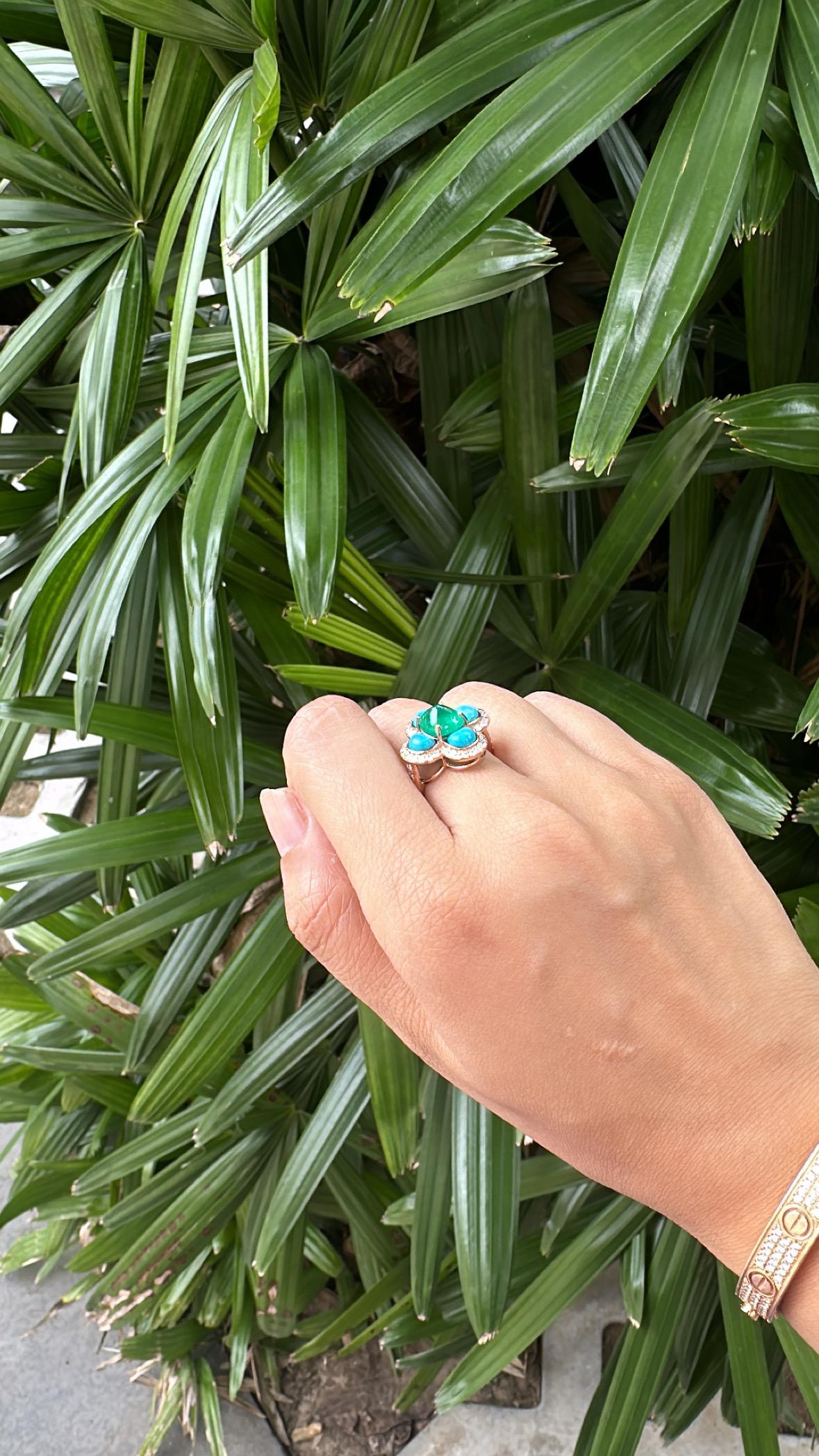 Anillo de compromiso Art Decó de oro de 18 quilates con esmeralda, turquesa y diamantes en venta 1