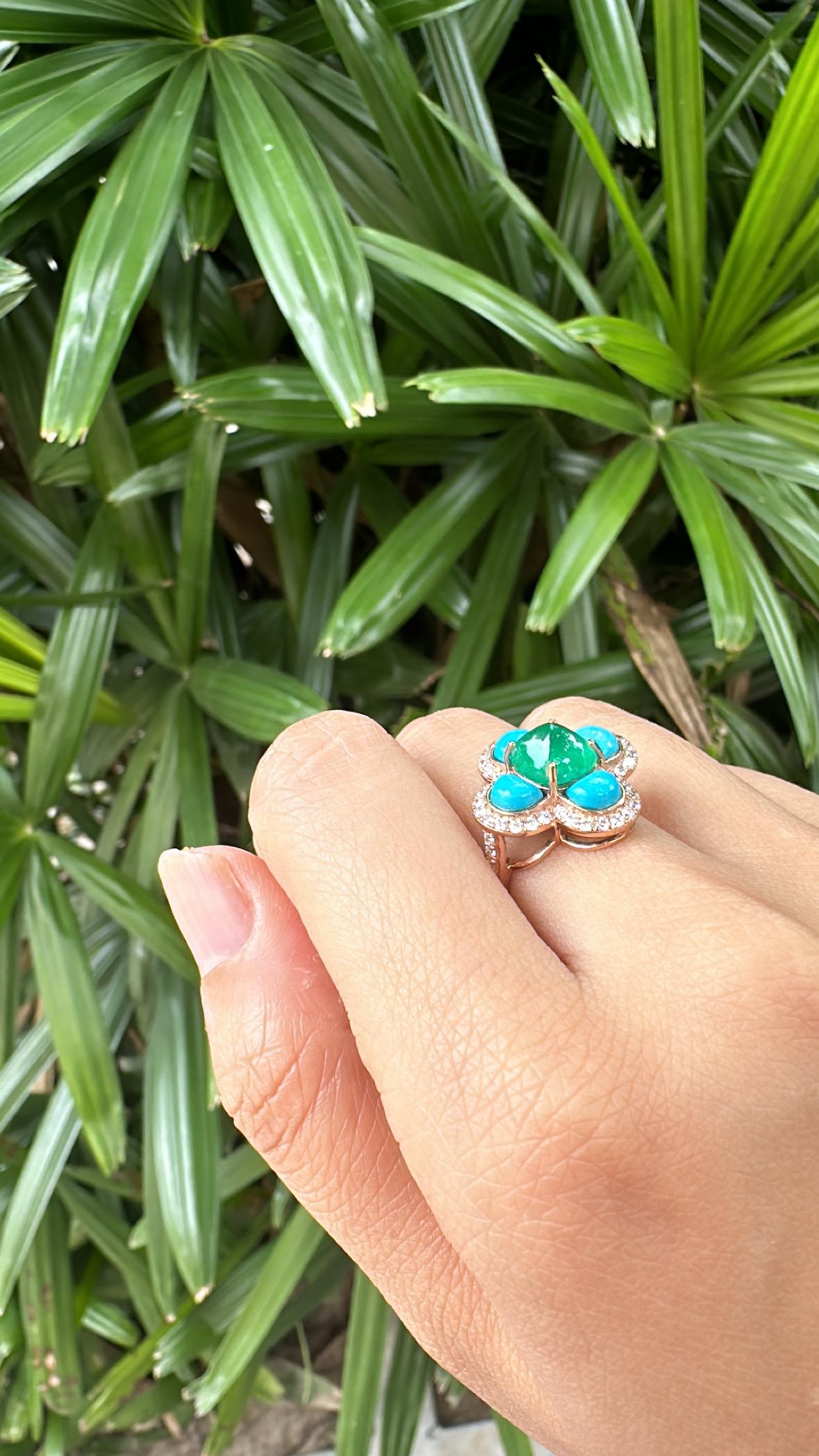 Anillo de compromiso Art Decó de oro de 18 quilates con esmeralda, turquesa y diamantes en venta 2