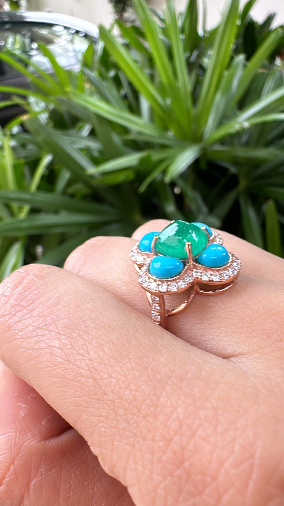 Anillo de compromiso Art Decó de oro de 18 quilates con esmeralda, turquesa y diamantes en venta 3