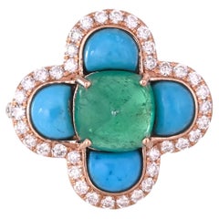 Set in 18K Gold, Art Deco Emerald Sugarloaf, Turquoise & Diamond Engagement Ring