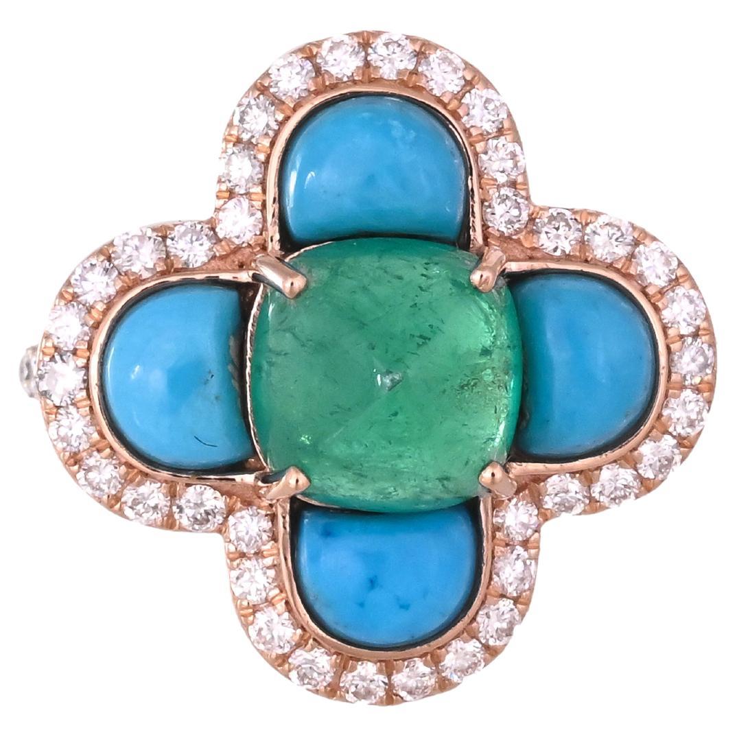 Anillo de compromiso Art Decó de oro de 18 quilates con esmeralda, turquesa y diamantes en venta