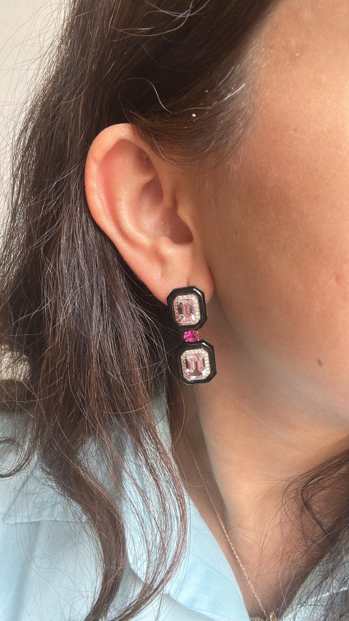 Pendientes Colgantes Art Decó de Oro de 18 K, Morganita, Rubí, Ónice Negro y Diamantes en venta 5