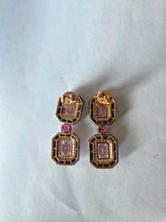 Set in 18K Gold, Art Deco Morganite, Ruby, Black Onyx & Diamonds Dangle Earrings
