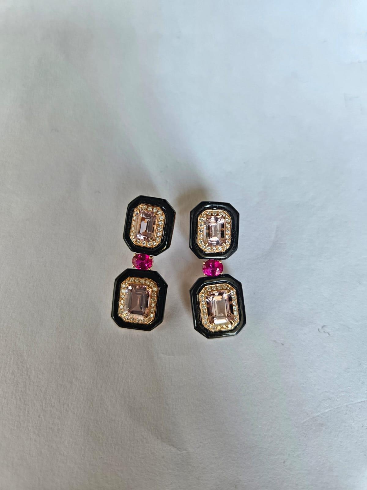 Pendientes Colgantes Art Decó de Oro de 18 K, Morganita, Rubí, Ónice Negro y Diamantes en Nuevo estado para la venta en Hong Kong, HK