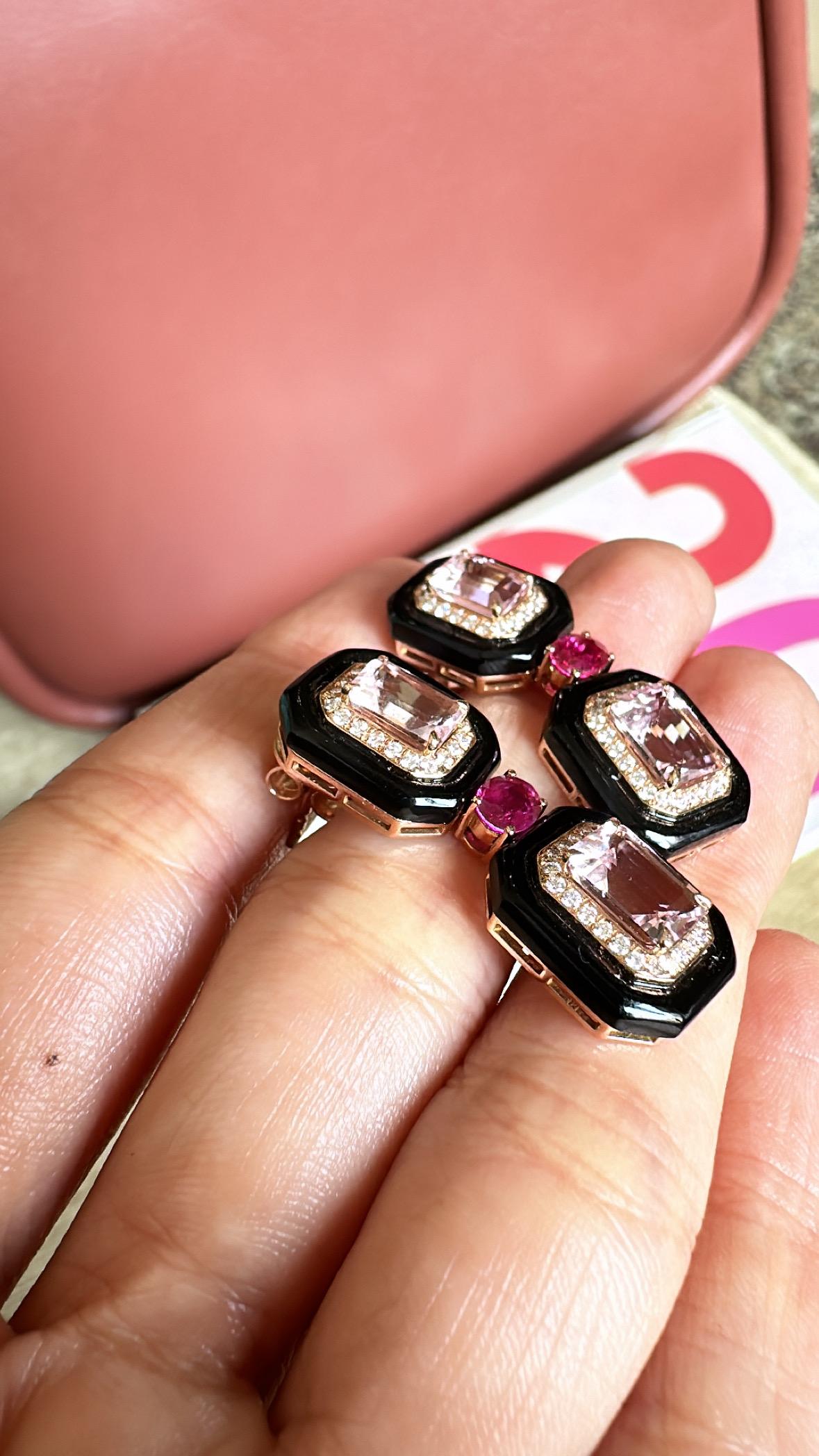 Femenino o masculino Pendientes Colgantes Art Decó de Oro de 18 K, Morganita, Rubí, Ónice Negro y Diamantes en venta