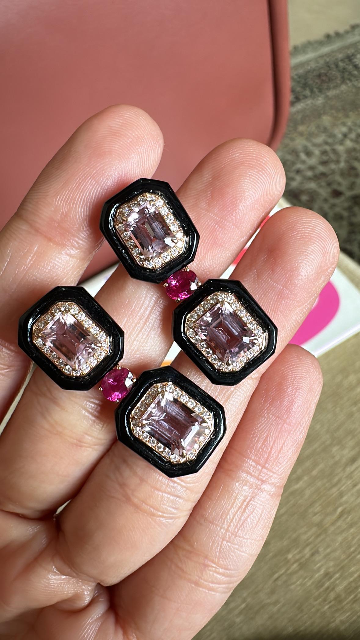 Pendientes Colgantes Art Decó de Oro de 18 K, Morganita, Rubí, Ónice Negro y Diamantes en venta 1