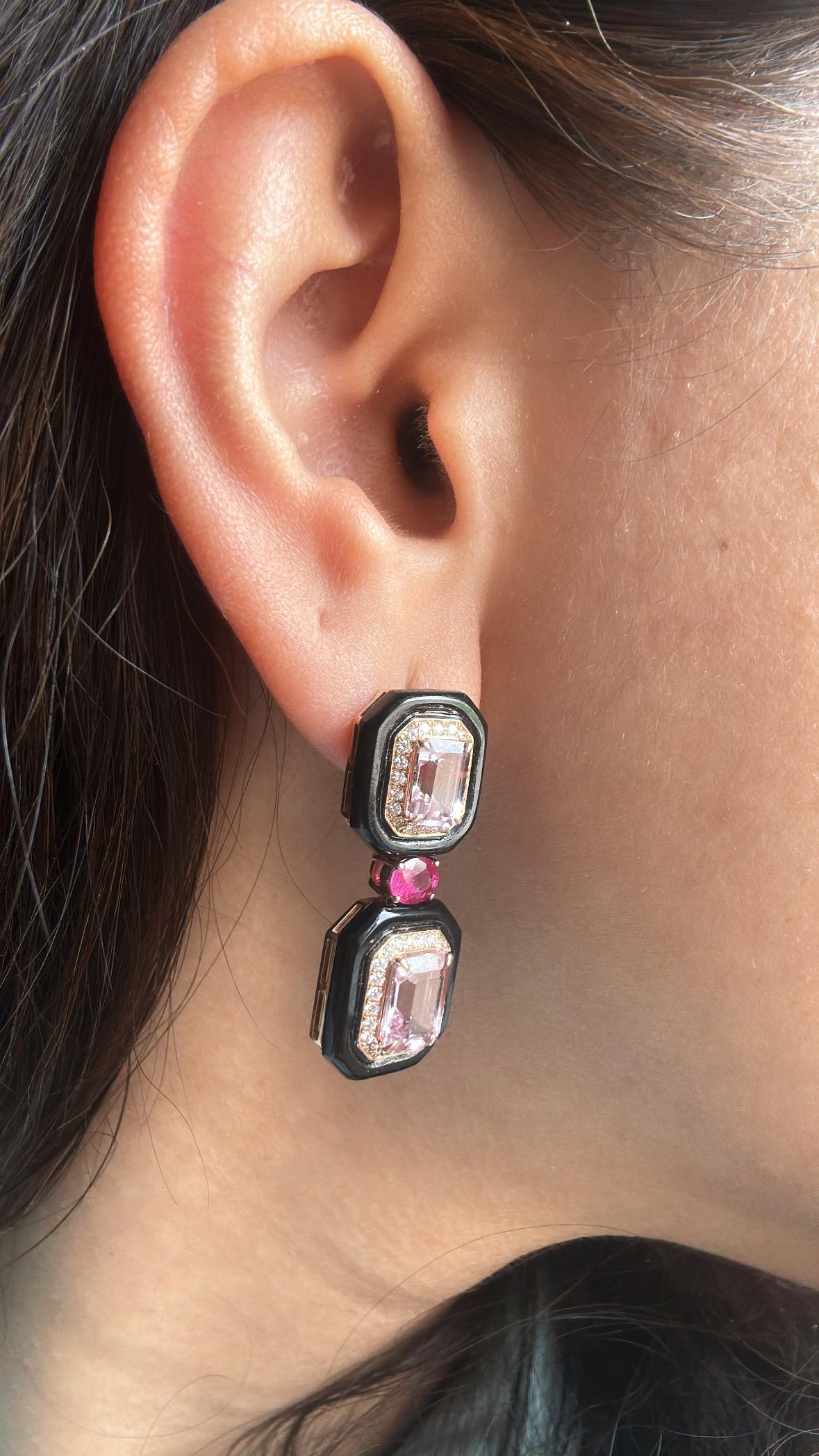 Pendientes Colgantes Art Decó de Oro de 18 K, Morganita, Rubí, Ónice Negro y Diamantes en venta 2